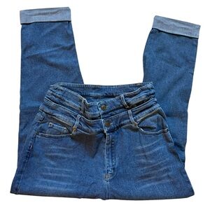 SONCY DOUBLE WAISTBAND JEANS DENIM MEDIUM INDIGO CUFFED JEANS SIZE 12 NWT